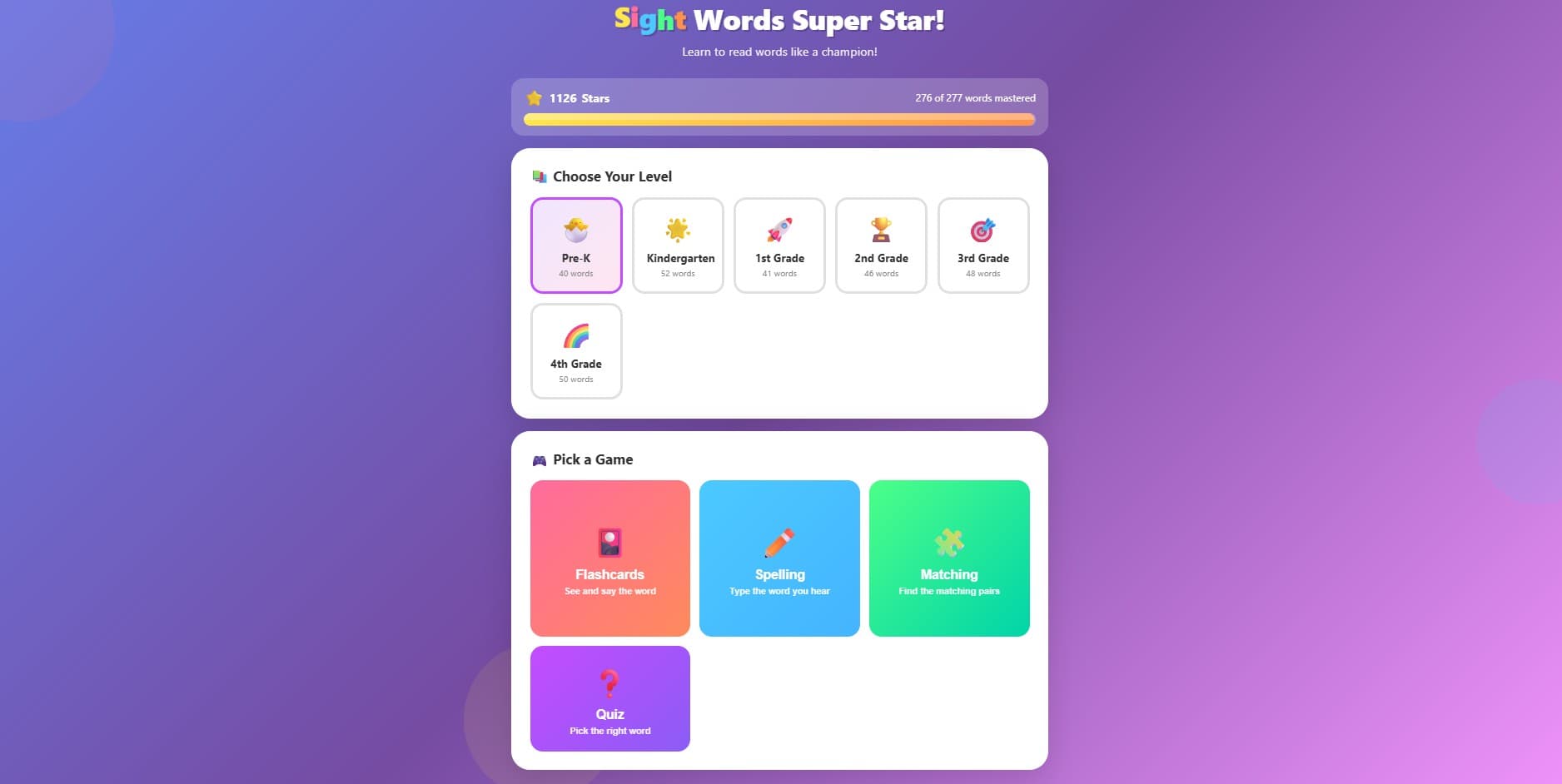 Sight Words interface